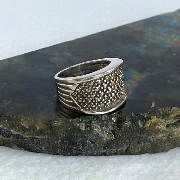 Sterling Silver 925 Marcasite 14MM Wide Band Statement Ring Size 7.5 - Picture 5 of 16